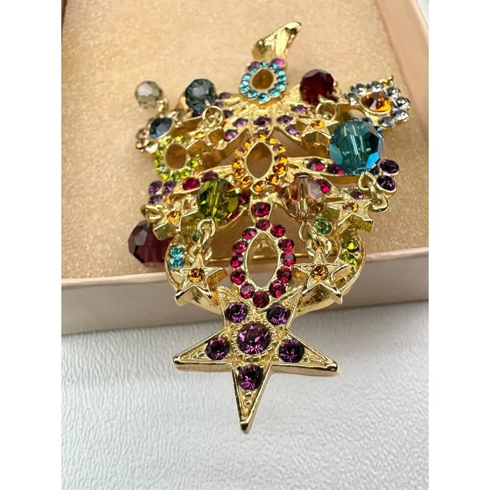 NOS Vintage Kirks Folly Christmas Tree Brooch Dangling Rhinestones Crystals AX26